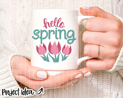 Hello Spring Tulip Sign, Digital download, SVG laser cut file, Cricut, Round door hanger design