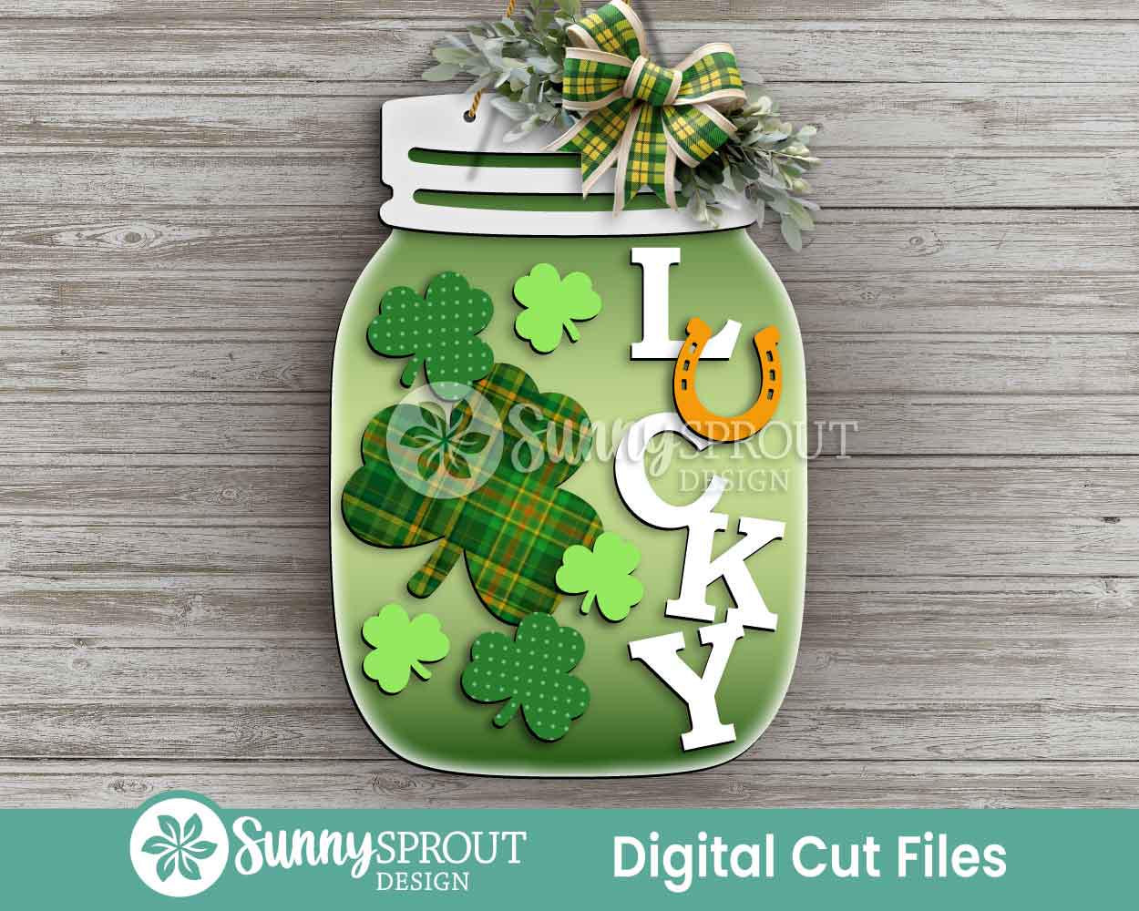 Lucky Horse Shoe Clovers Mason Jar Sign, Digital Download, SVG Laser Cut File, Door Hanger Design, St. Patrick's Day Decor