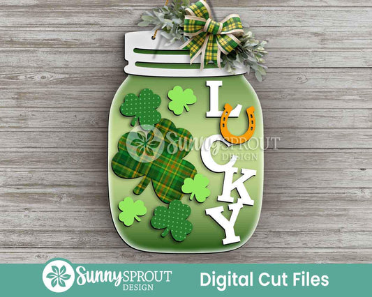 Lucky Horse Shoe Clovers Mason Jar Sign, Digital Download, SVG Laser Cut File, Door Hanger Design, St. Patrick's Day Decor