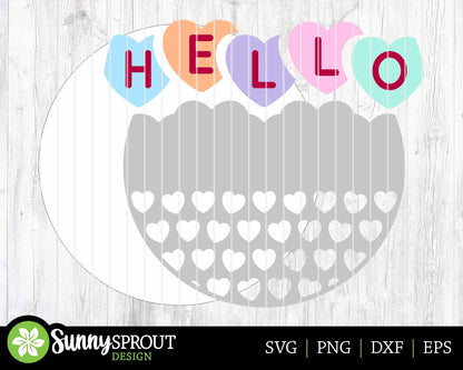 Hello Conversation Hearts Welcome Sign, Digital Download, SVG Laser Cut File, Cricut, Round Door Hanger Design, Valentine's Day Decor