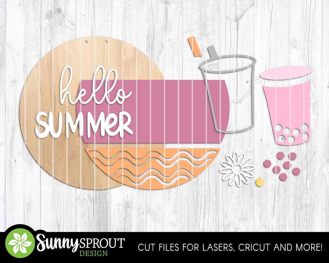Hello Summer Boba Drink Sign, Digital Download, SVG Laser Cut File, Cricut, Round Door Hanger Design