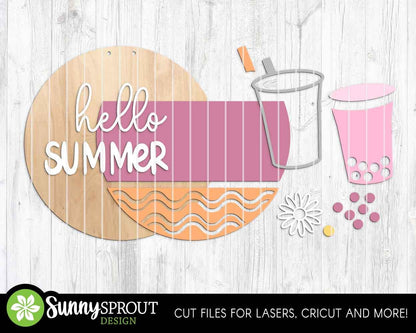 Hello Summer Boba Drink Sign, Digital Download, SVG Laser Cut File, Cricut, Round Door Hanger Design