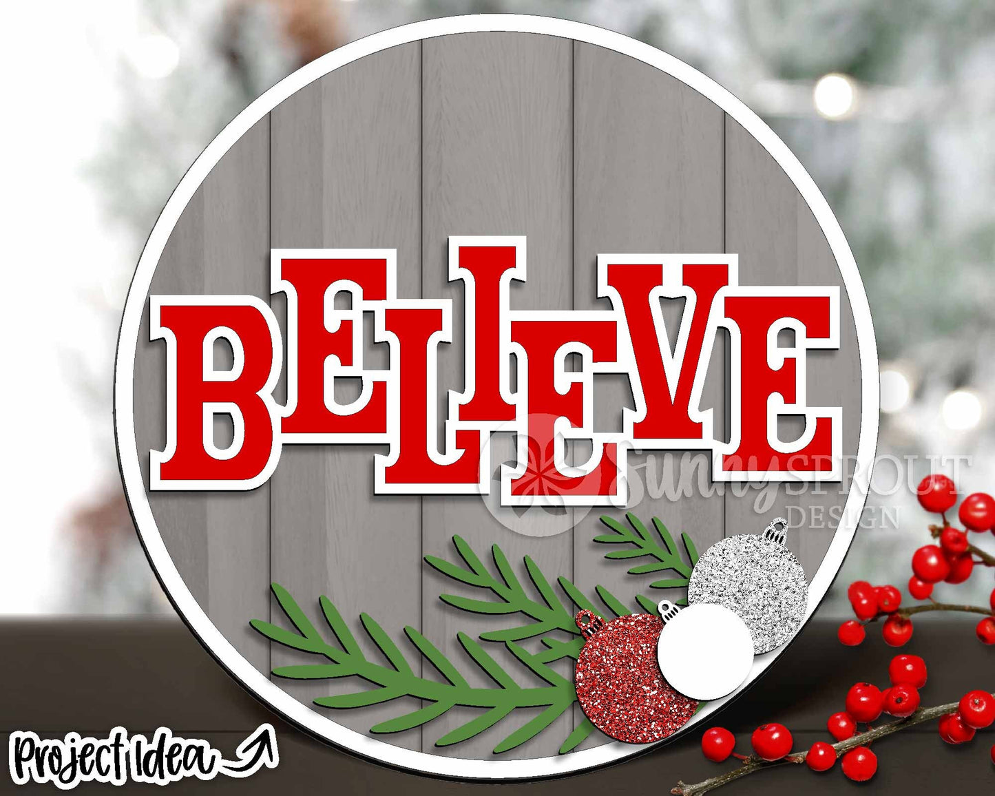 Believe Ornament Sign, Digital Download, SVG Laser Cut File, Cricut, Round Door Hanger Design, Christmas Decor