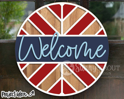 Chevron Geometric Welcome Sign, Digital Download, SVG Laser Cut File, Cricut, Round Door Hanger Design, Patriotic 4th of July Decor