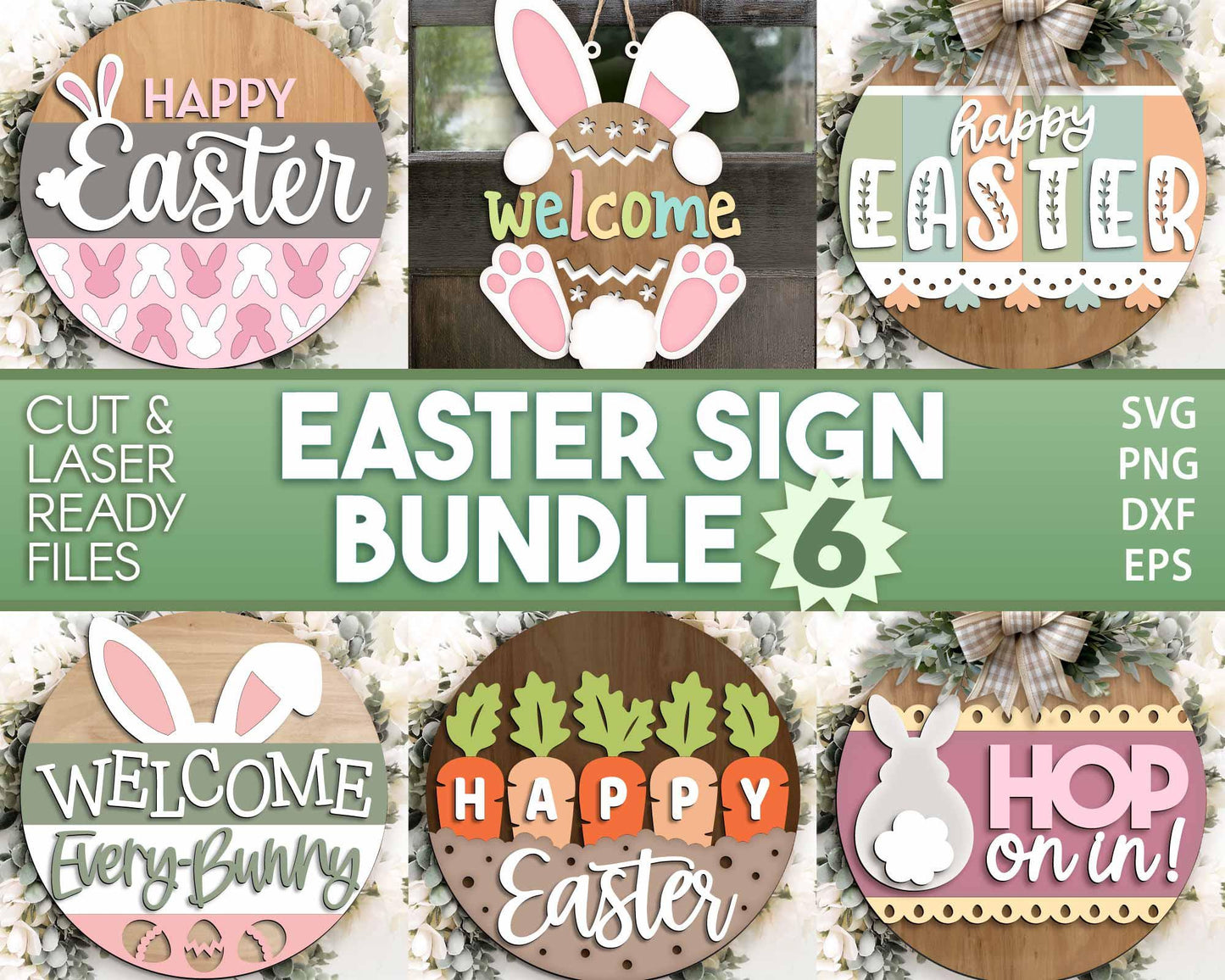Easter Sign Bundle 6, Round door hanger svg, Glowforge laser file, Cricut cut file, Spring welcome sign svg, Easter bunny