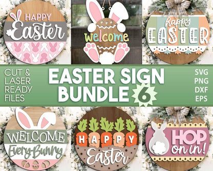 Easter Sign Bundle 6, Round door hanger svg, Glowforge laser file, Cricut cut file, Spring welcome sign svg, Easter bunny