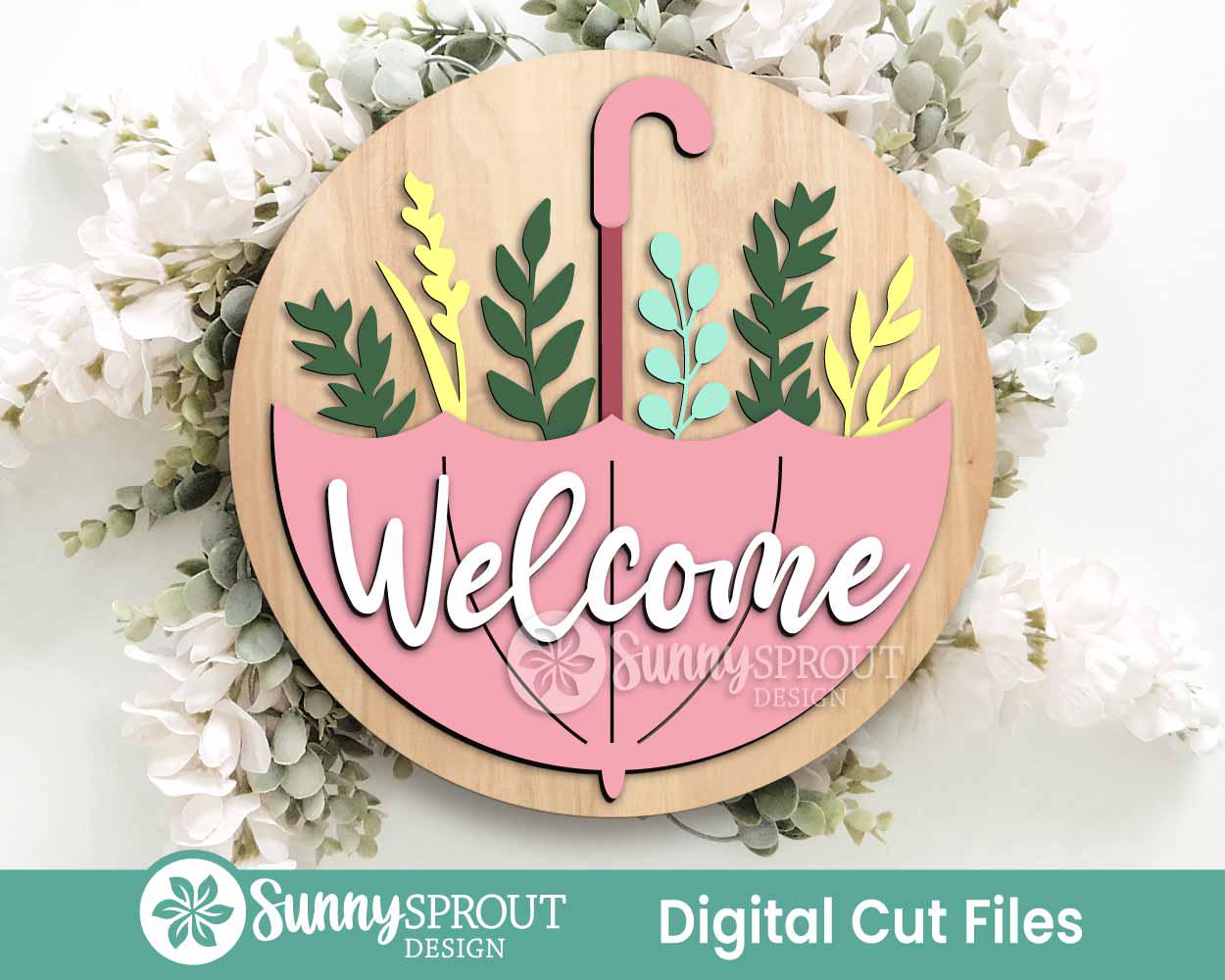 Welcome Upside Down Umbrella Sign, Digital download, SVG Laser cut file, Cricut, Round door hanger design, Spring Easter decor