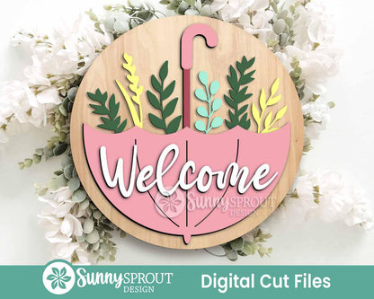 Welcome Upside Down Umbrella Sign, Digital download, SVG Laser cut file, Cricut, Round door hanger design, Spring Easter decor