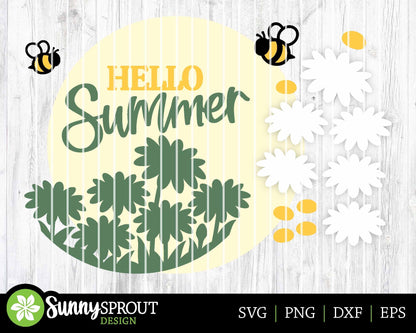 Hello Summer Daisy Bees Sign, Digital Download, SVG Laser Cut File, Cricut, Round Door Hanger Design