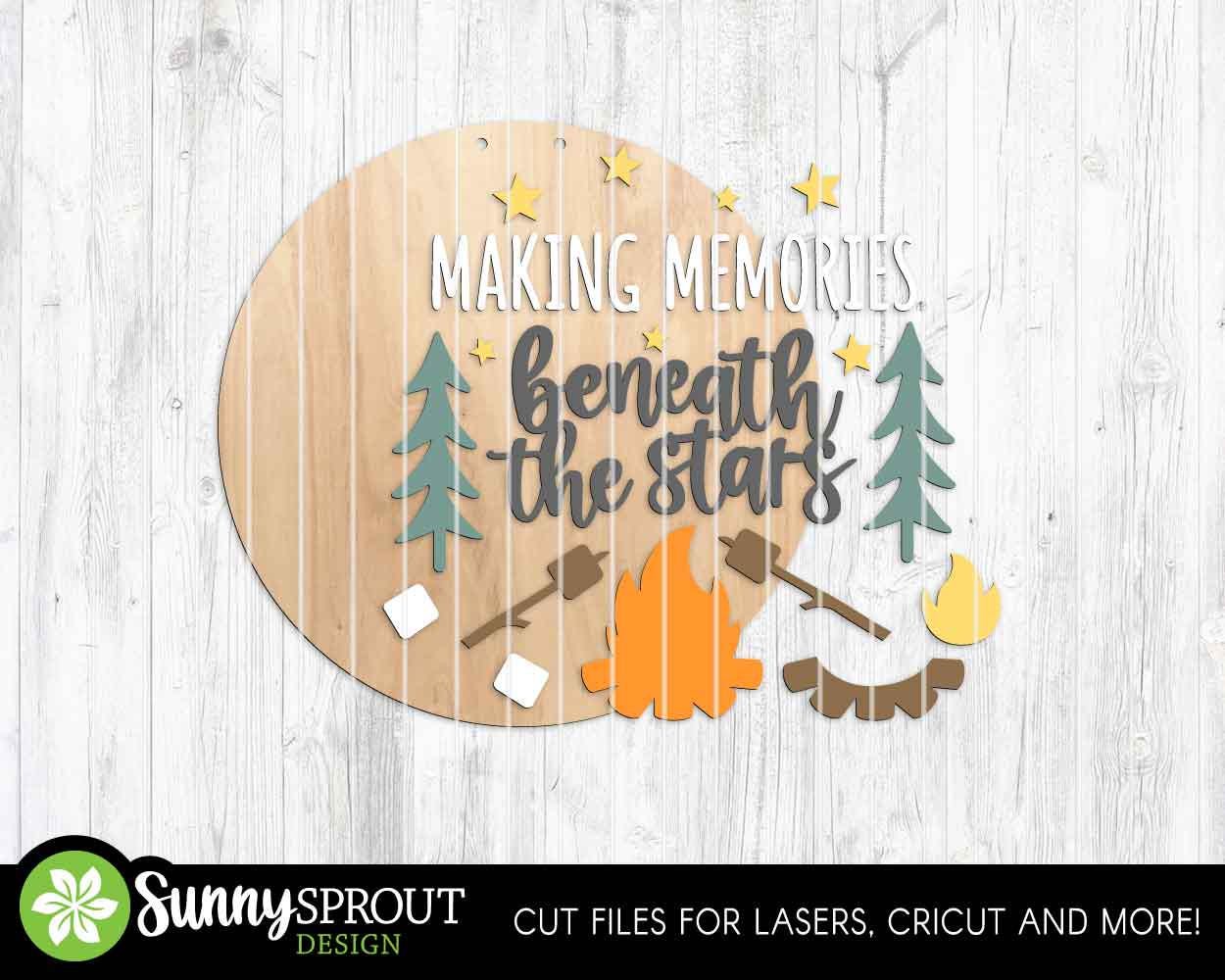 Memories Beneath the Stars Campfire Sign, Digital Download, SVG Laser Cut File, Cricut, Round Door Hanger Design, Camping Cabin Decor
