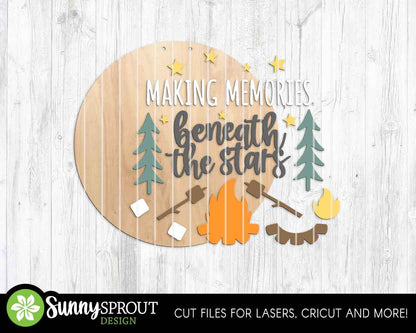 Memories Beneath the Stars Campfire Sign, Digital Download, SVG Laser Cut File, Cricut, Round Door Hanger Design, Camping Cabin Decor