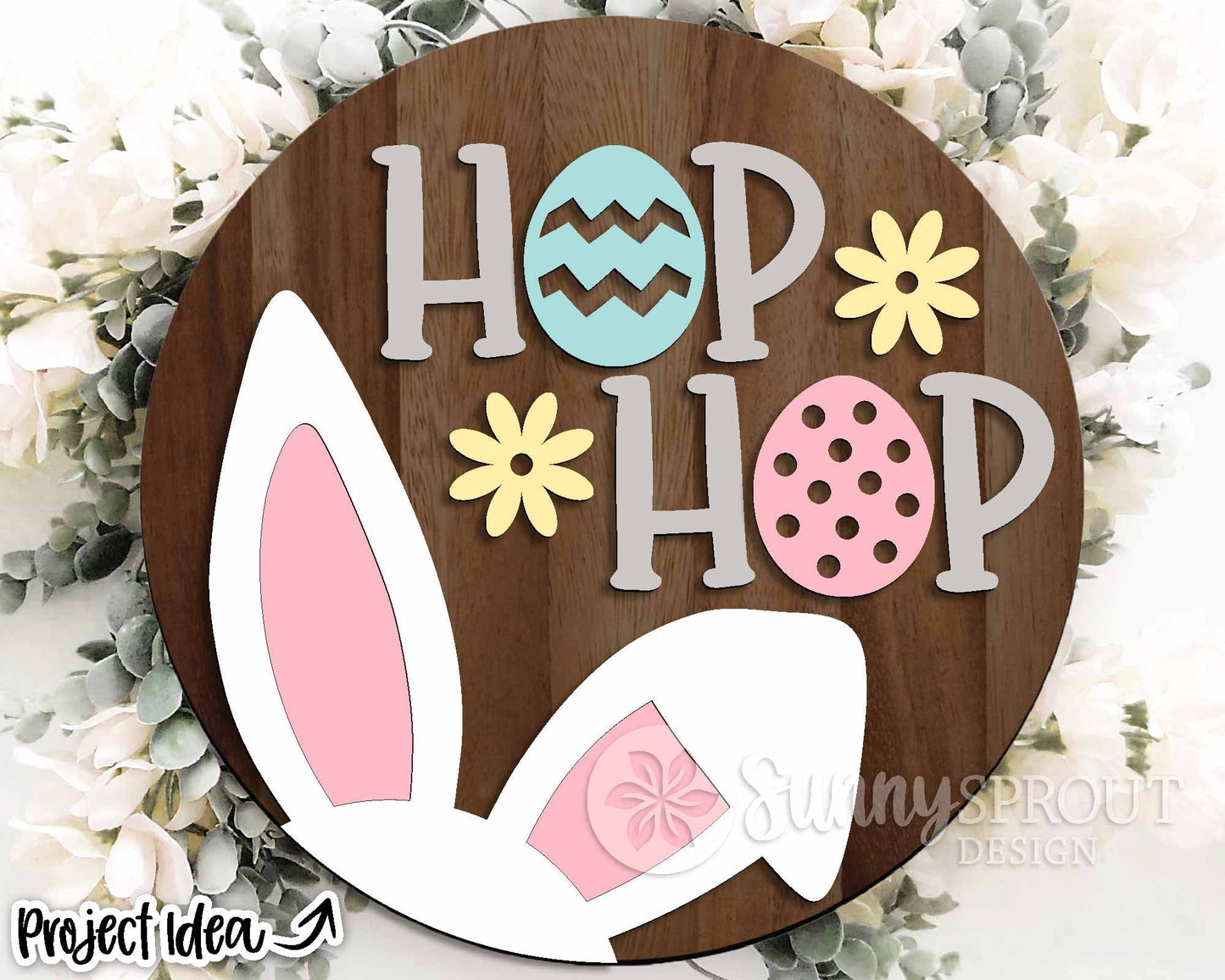 Hop Hop Bunny Ear Easter Egg Sign, Digital download, SVG laser cut file, Cricut, Round door hanger design