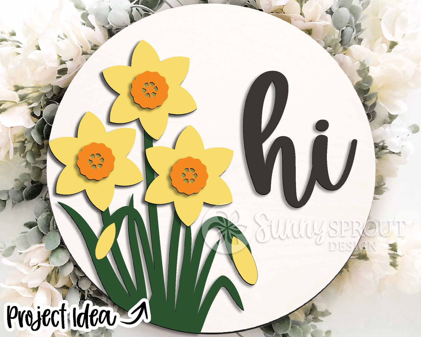 Hi Daffodil Flower Sign, Digital download, SVG Laser cut file, Cricut, Round door hanger design, Spring Easter decor