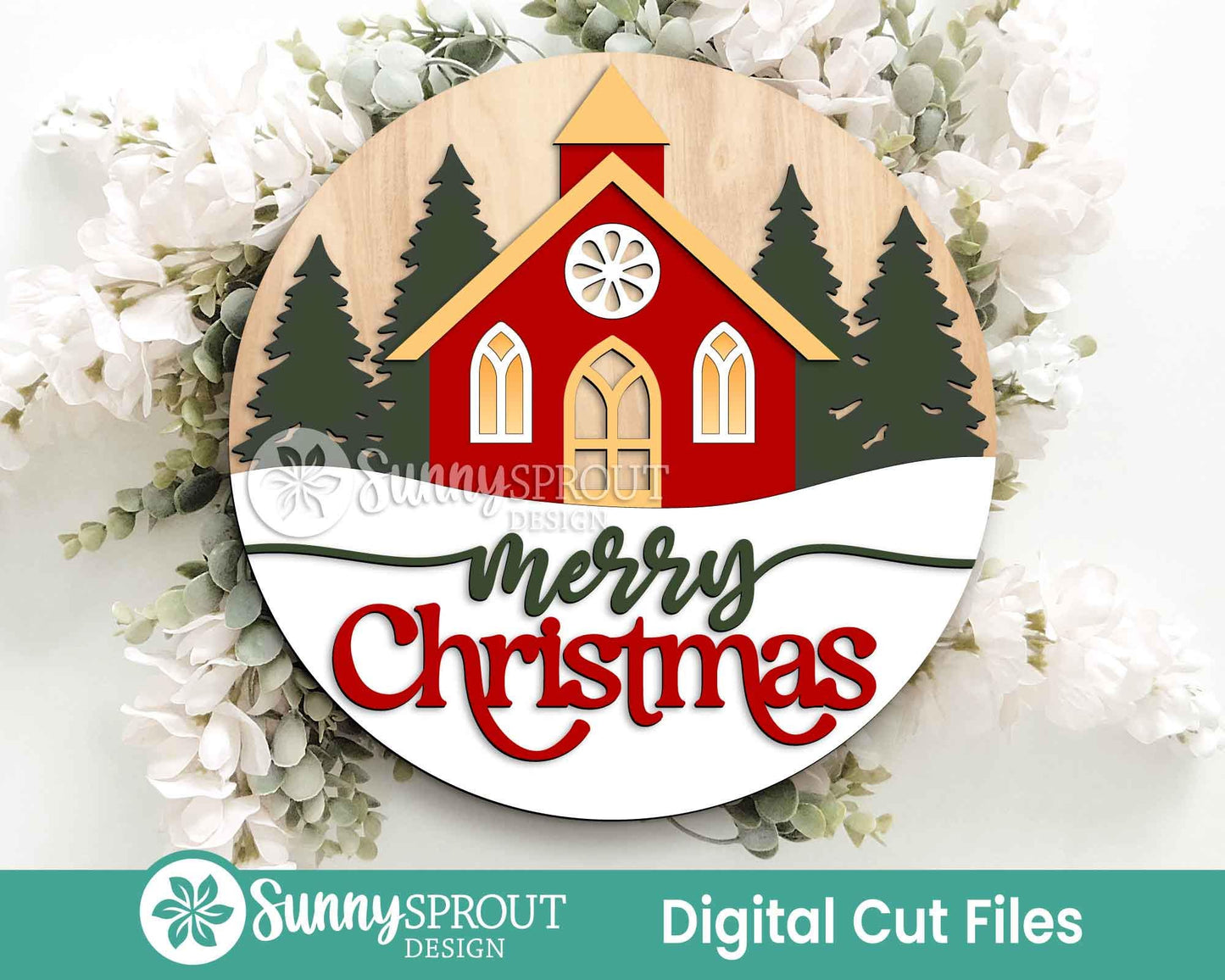 Merry Christmas Church & Pine Trees Sign, Digital Download, SVG Laser Cut File, Cricut, Round Door Hanger Design, Winter Decor