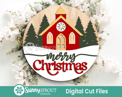 Merry Christmas Church & Pine Trees Sign, Digital Download, SVG Laser Cut File, Cricut, Round Door Hanger Design, Winter Decor