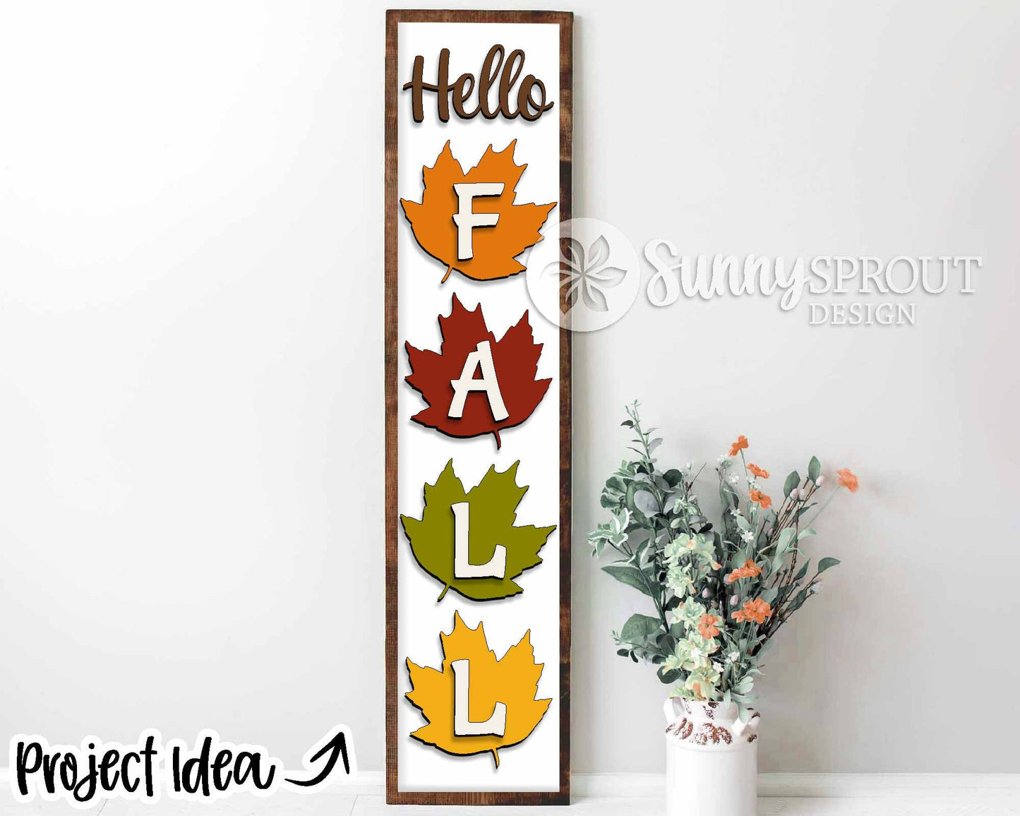 Hello Fall Leaves Vertical Sign, Digital download, SVG laser cut file, Cricut, Vertical porch leaner design, Farmhouse design