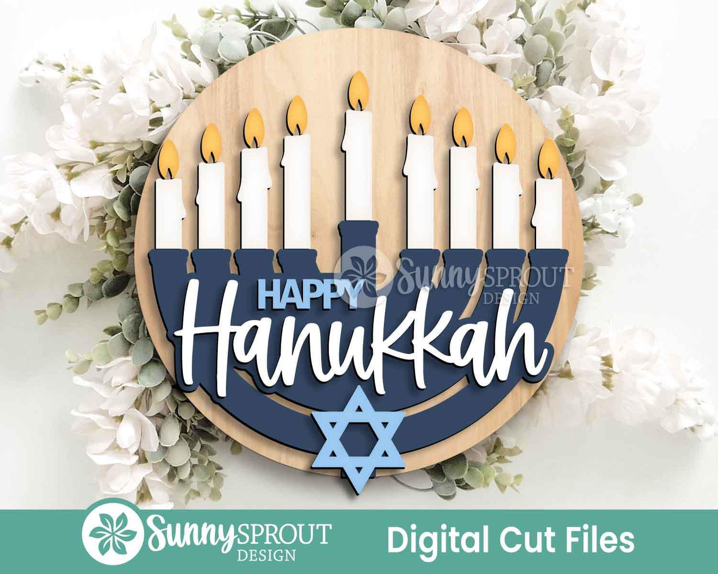 Happy Hanukkah Menorah Sign, Digital Download, SVG Laser Cut File, Cricut, Round Door Hanger Design, Jewish Decor