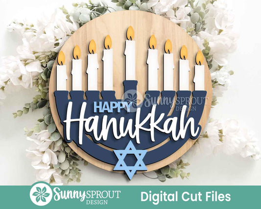 Happy Hanukkah Menorah Sign, Digital Download, SVG Laser Cut File, Cricut, Round Door Hanger Design, Jewish Decor