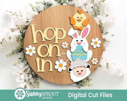 Hop On In Chick Bunny Lamb Sign, Digital download, SVG Laser cut file, Cricut, Round door hanger design, Spring Easter decor