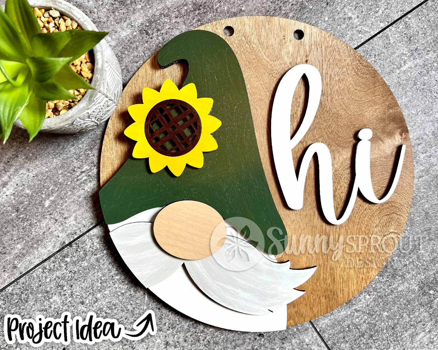 Hi Sunflower Gnome Sign, Digital Download, SVG Laser Cut File, Cricut, Summer Garden Round Door Hanger Design