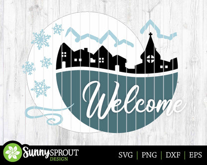 Welcome Winter Village Sign, Round door hanger svg, Glowforge laser cut file, Cricut, Christmas sign svg, Snowflake decor