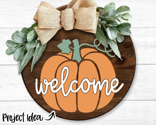 Welcome Pumpkin Sign, Digital Download, Cricut SVG Cut File, Silhouette, Round Fall Door Hanger Design