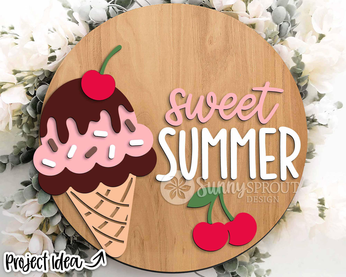 Sweet Summer Ice Cream Cone Sign, Digital Download, SVG Laser Cut File, Cricut, Round Door Hanger Design