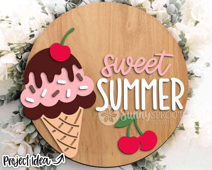 Sweet Summer Ice Cream Cone Sign, Digital Download, SVG Laser Cut File, Cricut, Round Door Hanger Design