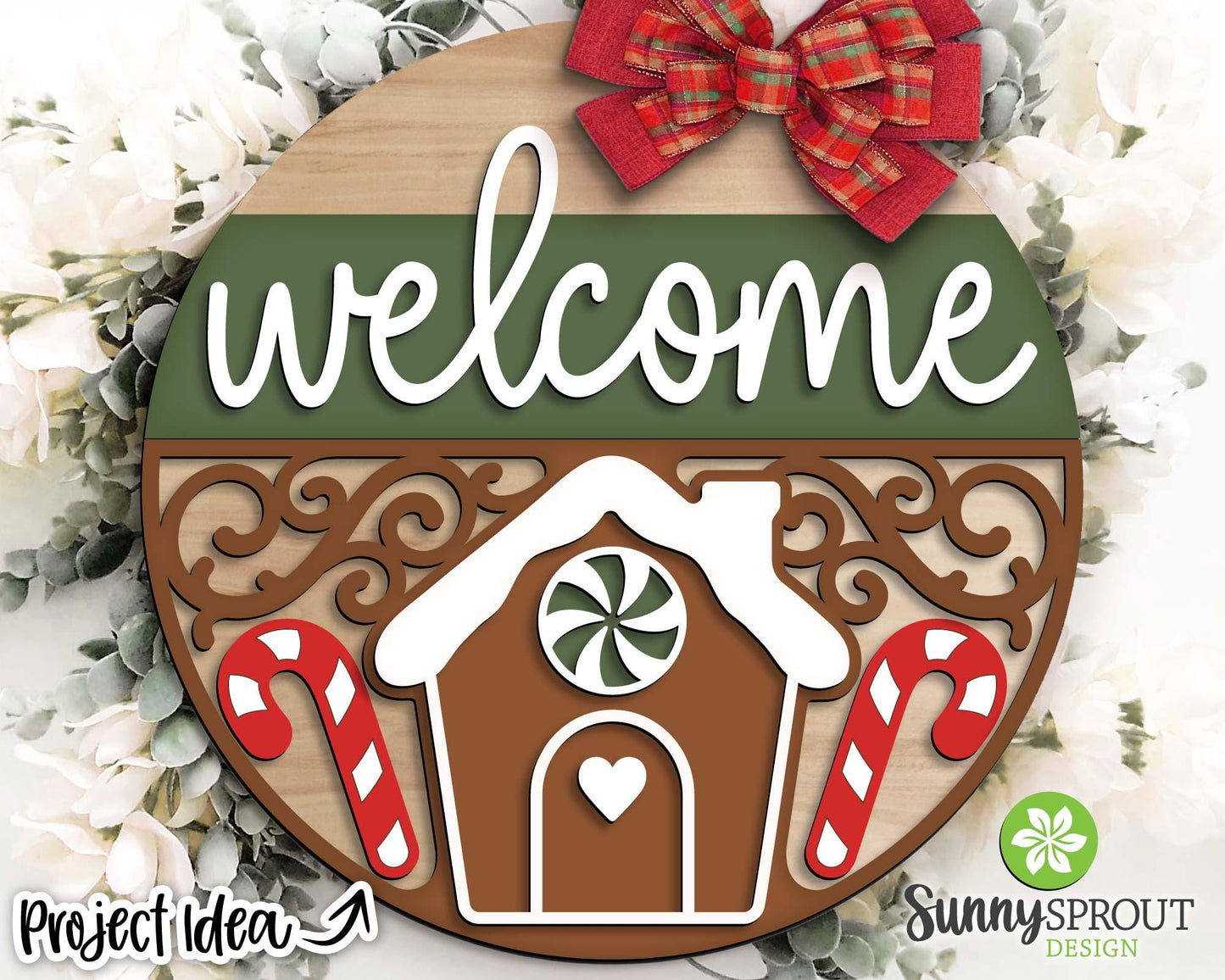 Welcome Gingerbread House Sign, Digital Download, SVG Laser Cut File, Cricut, Round Door Hanger Design, Christmas Decor