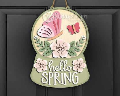 Hello Spring Butterfly Flower Snow Globe Sign, Digital download, SVG Laser cut file, Cricut, Door hanger design