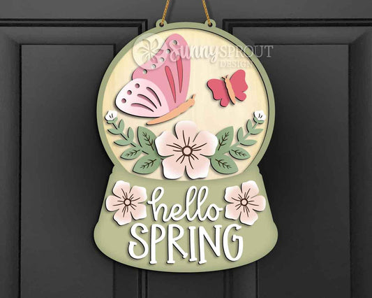 Hello Spring Butterfly Flower Snow Globe Sign, Digital download, SVG Laser cut file, Cricut, Door hanger design