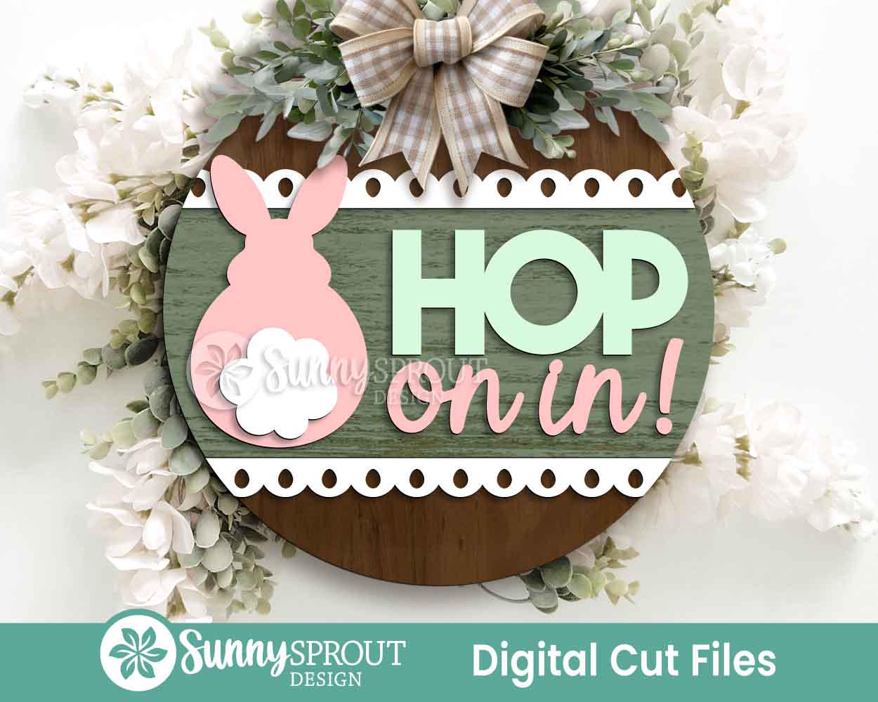 Hop On In Bunny Tail Sign, Digital download, SVG Laser cut file, Cricut, Round door hanger design, Spring Easter decor
