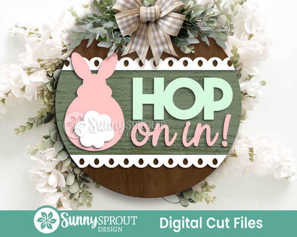 Hop On In Bunny Tail Sign, Digital download, SVG Laser cut file, Cricut, Round door hanger design, Spring Easter decor