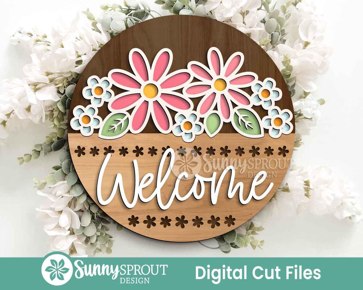 Welcome Floral Outline Sign, Digital download, SVG Laser cut file, Cricut, Round door hanger design, Spring summer decor