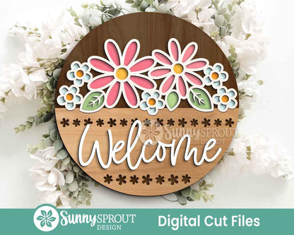 Welcome Floral Outline Sign, Digital download, SVG Laser cut file, Cricut, Round door hanger design, Spring summer decor