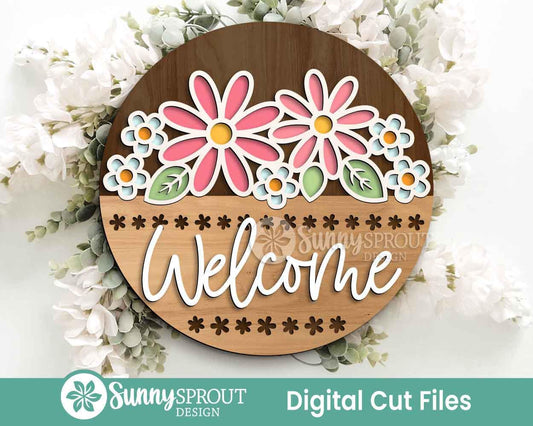 Welcome Floral Outline Sign, Digital download, SVG Laser cut file, Cricut, Round door hanger design, Spring summer decor