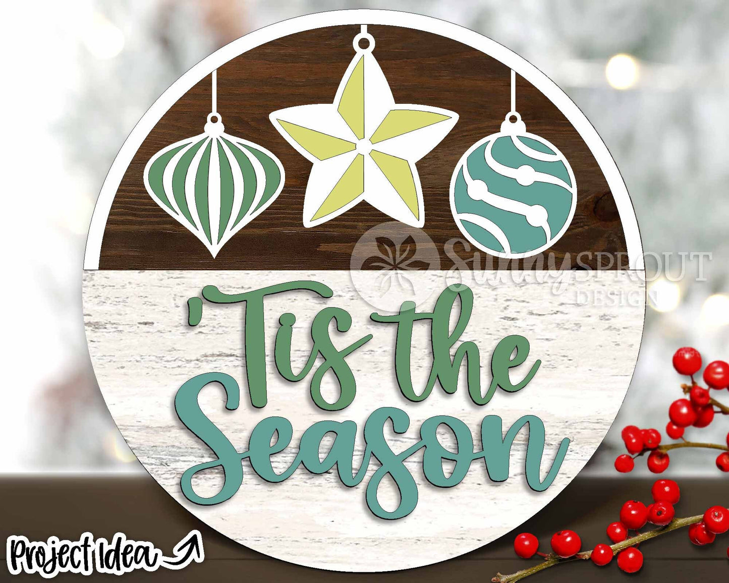 Tis the Season Ornament Sign, Digital Download, SVG Laser Cut File, Cricut, Round Door Hanger Design, Christmas Decor