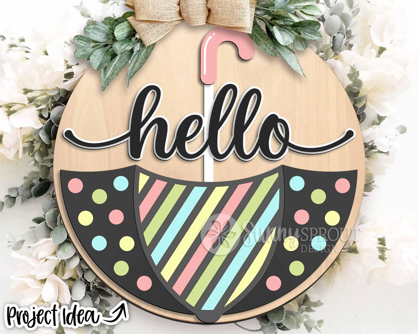 Hello Upside Down Umbrella Sign, Digital download, SVG Laser cut file, Cricut, Round door hanger design, Spring Easter decor