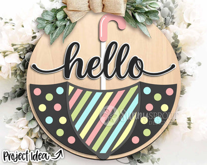 Hello Upside Down Umbrella Sign, Digital download, SVG Laser cut file, Cricut, Round door hanger design, Spring Easter decor