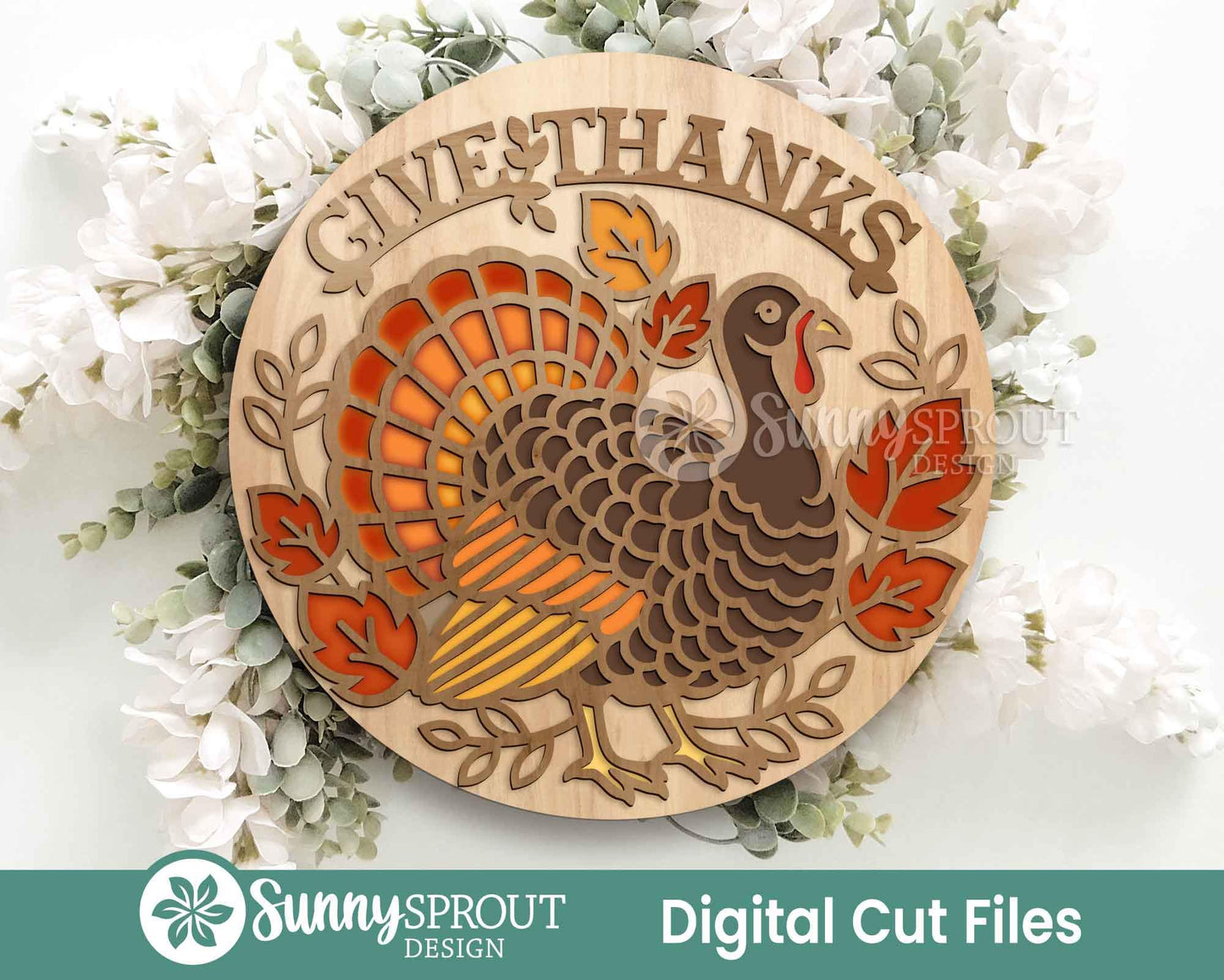 Give Thanks Turkey Outline Sign, Digital Download, SVG Laser Cut File, Cricut, Round Thanksgiving Fall Door Hanger Design