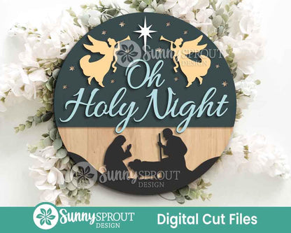 Oh Holy Night Nativity Sign, Digital Download, SVG Laser Cut File, Cricut, Round Door Hanger Design, Christmas Decor