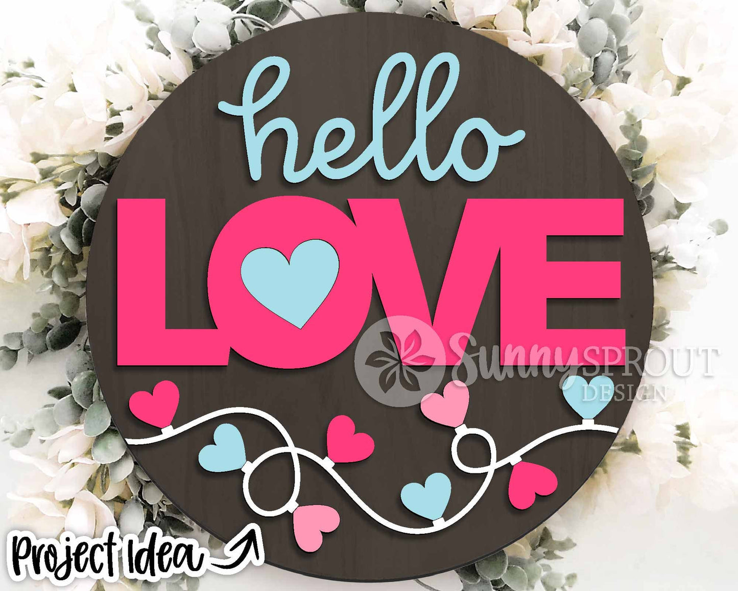 Hello Love Heart String Light Welcome Sign, Digital Download, SVG Laser Cut File, Cricut, Round Door Hanger Design, Valentine's Day Decor