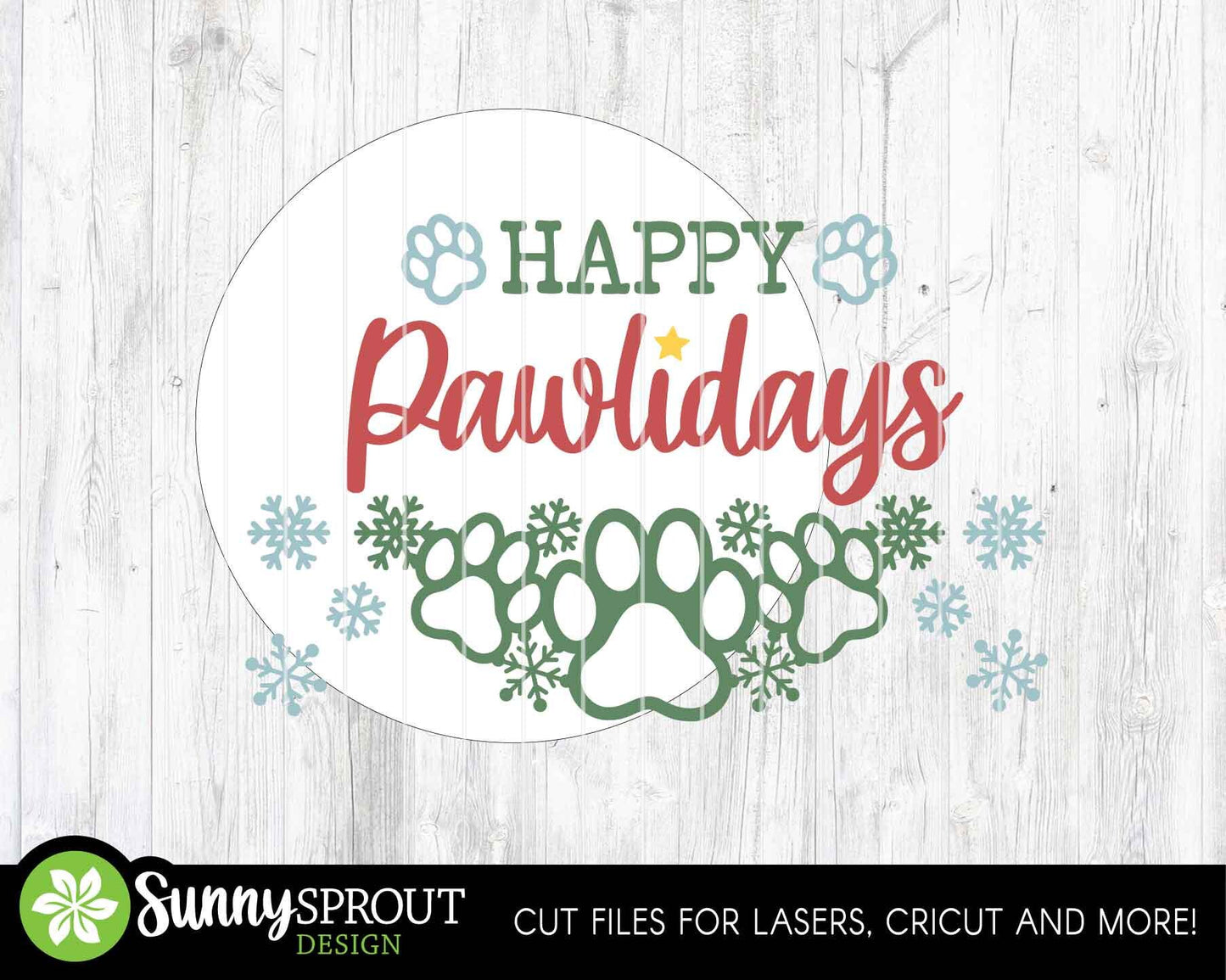 Happy Pawlidays Sign, Digital Download, SVG Laser Cut File, Cricut, Round Door Hanger Design, Christmas Dog Cat Decor