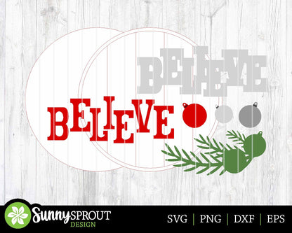 Believe Ornament Sign, Digital Download, SVG Laser Cut File, Cricut, Round Door Hanger Design, Christmas Decor