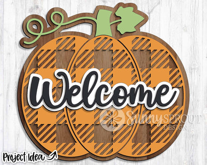 Welcome Checker Pumpkin Sign, Digital Download, SVG Laser Cut File, Cricut, Round Fall Door Hanger Design