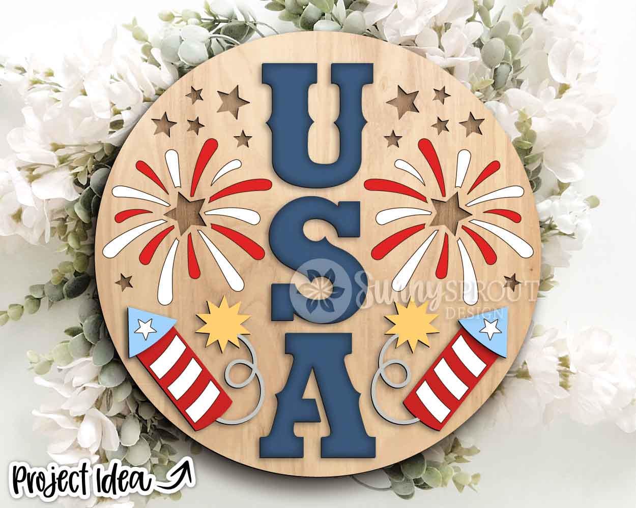 USA Fireworks Stars Sign, Digital Download, SVG Laser Cut File, Cricut, Round Door Hanger Design, Patriotic 4th of July Decor