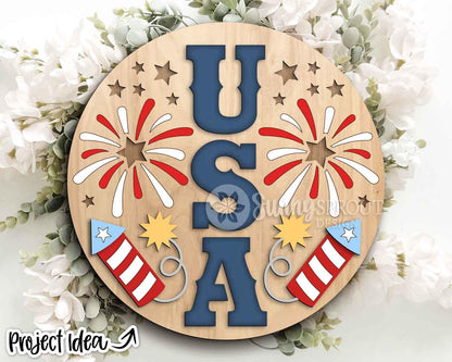 USA Fireworks Stars Sign, Digital Download, SVG Laser Cut File, Cricut, Round Door Hanger Design, Patriotic 4th of July Decor