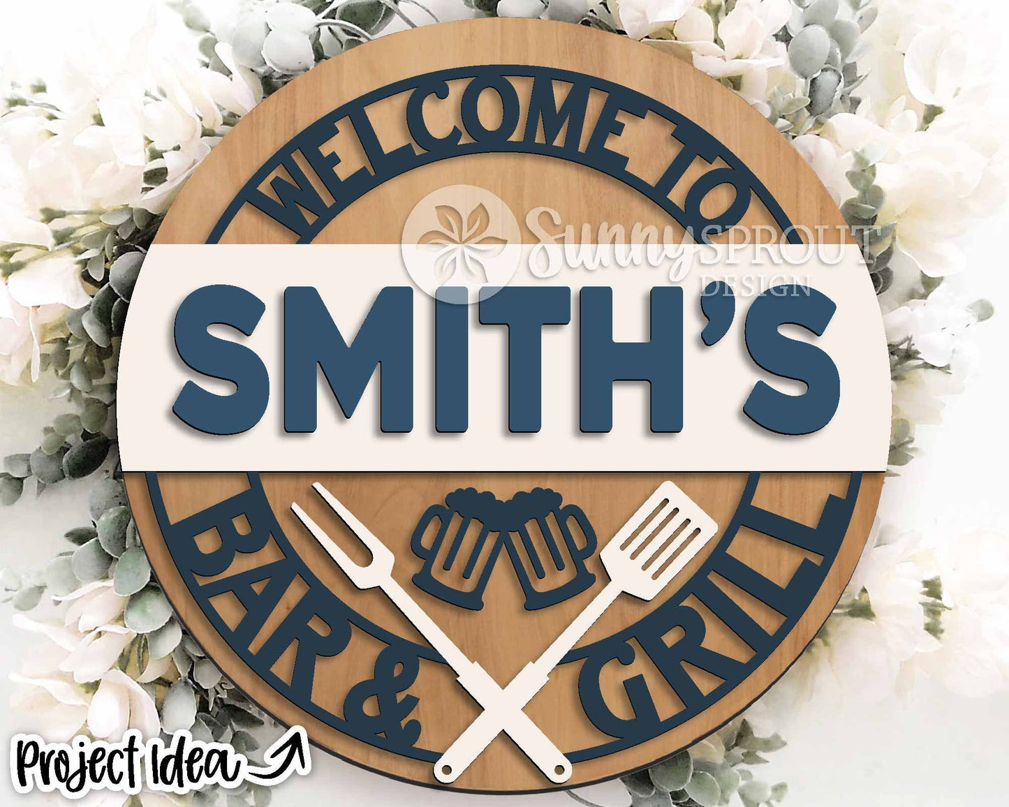 Welcome Bar & Grill Sign, Digital Download, SVG Laser Cut File, Cricut, Summer Father's Day SVG, Personalizable Round Door Hanger Design