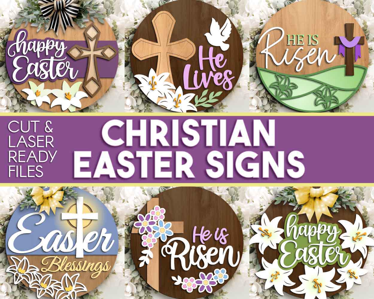 Christian Easter Sign Bundle, Round door hanger svg, Glowforge laser cut file, Cricut, Religious Easter cross svg