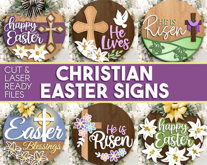 Christian Easter Sign Bundle, Round door hanger svg, Glowforge laser cut file, Cricut, Religious Easter cross svg